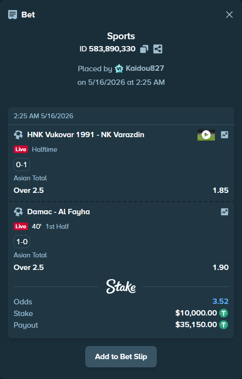 Bet slip: HNK Vukovar 1991 - NK Varazdin, $10,000.00 stake at 1.85 odds, placed by Kaidou827