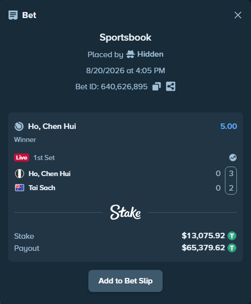 Bet slip: Ho, Chen Hui - Tai Sach, $13,089.00 stake at 5.00 odds, placed by Hidden