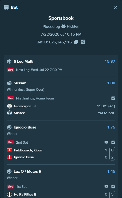 Bet slip: Ho R / Kittay B - Luz O / Matos R, $12,406.00 stake at 1.45 odds, placed by Hidden