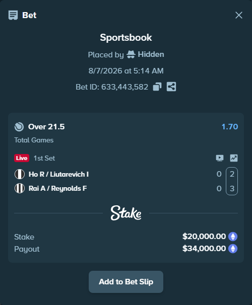 Bet slip: Ho R / Liutarevich I - Rai A / Reynolds F, $19,939.46 stake at 1.70 odds, placed by Hidden