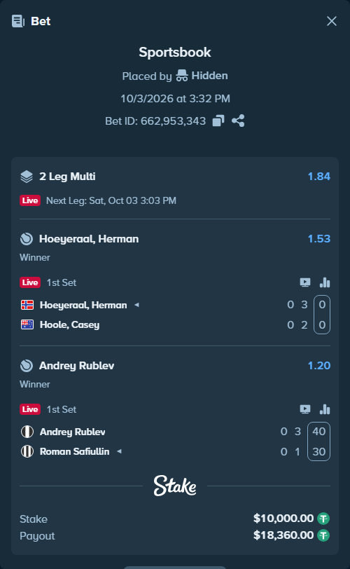 Bet slip: Hoeyeraal, Herman - Hoole, Casey, $10,000.00 stake at 1.53 odds, placed by Hidden