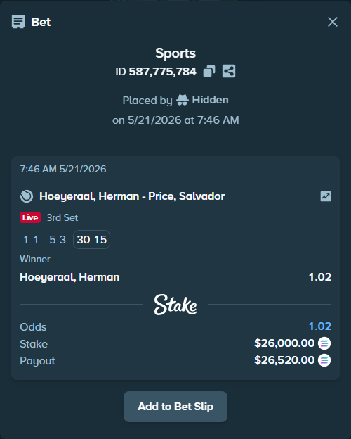 Bet slip: Hoeyeraal, Herman - Price, Salvador, $22,254.98 stake at 1.02 odds, placed by Hidden