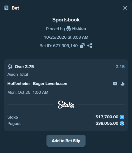 Bet slip: Hoffenheim - Bayer Leverkusen, $17,700.00 stake at 2.15 odds, placed by Hidden