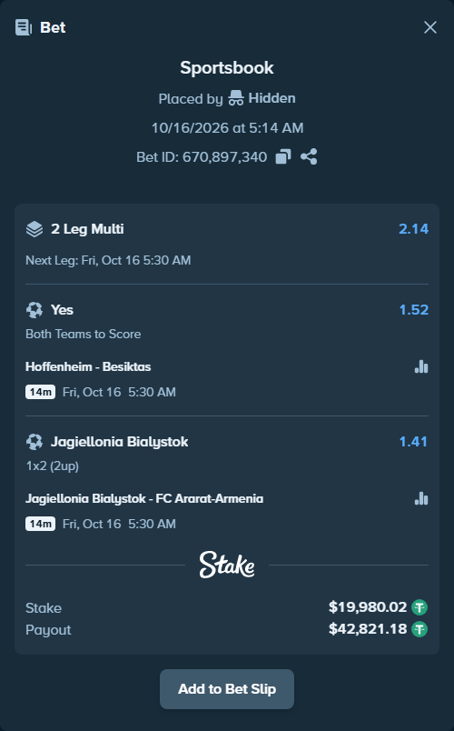 Bet slip: Hoffenheim - Besiktas, $20,000.00 stake at 1.52 odds, placed by Hidden