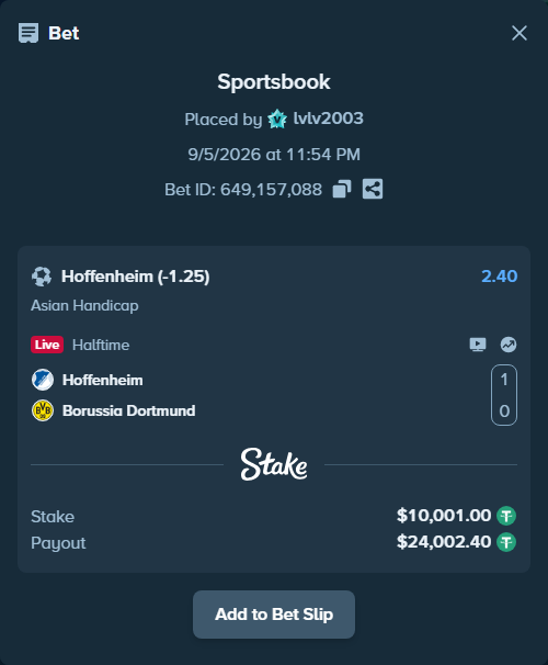 Bet slip: Hoffenheim - Borussia Dortmund, $10,000.00 stake at 2.40 odds, placed by lvlv2003