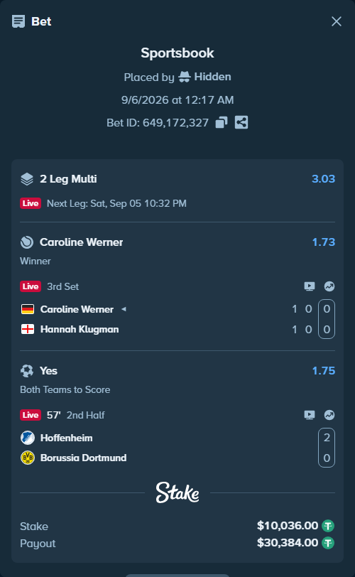 Bet slip: Hoffenheim - Borussia Dortmund, $10,035.00 stake at 1.75 odds, placed by Hidden