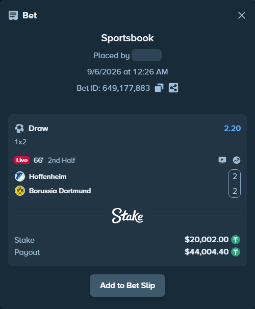 Bet slip: Hoffenheim - Borussia Dortmund, $20,000.00 stake at 2.20 odds, placed by Palo6