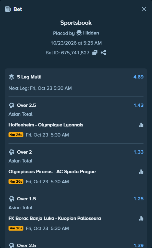 Bet slip: Hoffenheim - Olympique Lyonnais, $22,633.61 stake at 1.43 odds, placed by Hidden