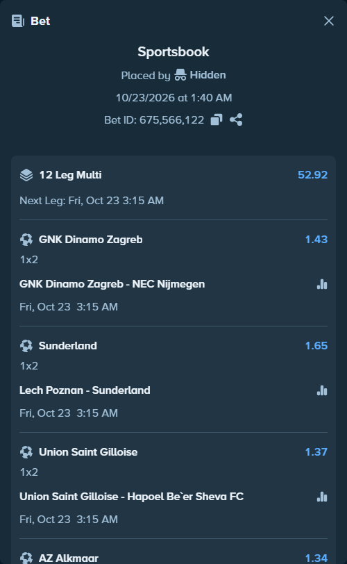 Bet slip: Hoffenheim - Olympique Lyonnais, $25,000.00 stake at 1.23 odds, placed by Hidden