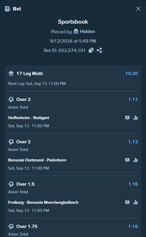 Bet slip: Hoffenheim - Stuttgart, $10,000.00 stake at 1.11 odds, placed by Hidden