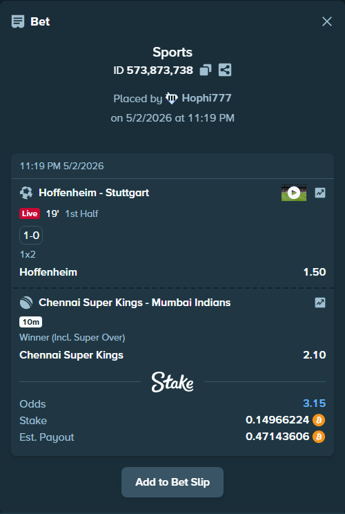 Bet slip: Hoffenheim - Stuttgart, $9,620.59 stake at 1.50 odds, placed by Hophi777