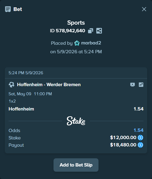 Bet slip: Hoffenheim - Werder Bremen, $12,000.00 stake at 1.54 odds, placed by marbad2