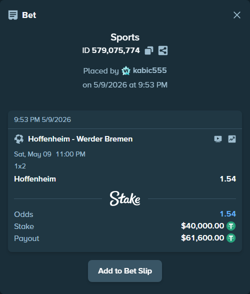 Bet slip: Hoffenheim - Werder Bremen, $40,000.00 stake at 1.54 odds, placed by kabic555