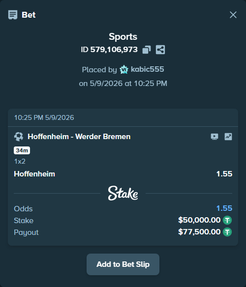 Bet slip: Hoffenheim - Werder Bremen, $50,000.00 stake at 1.55 odds, placed by kabic555