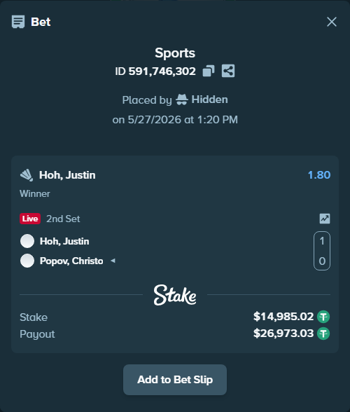 Bet slip: Hoh, Justin - Popov, Christo, $15,000.00 stake at 1.80 odds, placed by Hidden