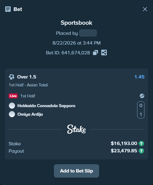 Bet slip: Hokkaido Consadole Sapporo - RB Omiya Ardija, $16,193.00 stake at 1.45 odds, placed by tlwns4736