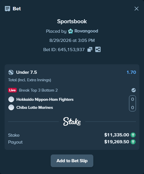 Bet slip: Hokkaido Nippon-Ham Fighters - Chiba Lotte Marines, $11,335.00 stake at 1.70 odds, placed by Rovangood