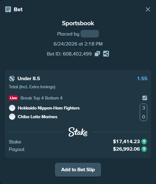 Bet slip: Hokkaido Nippon-Ham Fighters - Chiba Lotte Marines, $17,431.64 stake at 1.55 odds, placed by 토사장체크카드