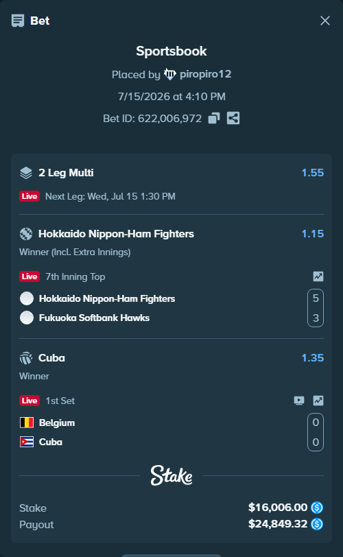 Bet slip: Hokkaido Nippon-Ham Fighters - Fukuoka Hawks, $16,006.00 stake at 1.15 odds, placed by piropiro12