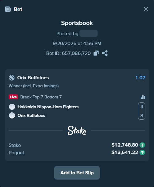 Bet slip: Hokkaido Nippon-Ham Fighters - Orix Buffaloes, $12,748.80 stake at 1.07 odds, placed by uekt