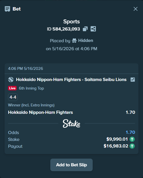 Bet slip: Hokkaido Nippon-Ham Fighters - Saitama Seibu Lions, $10,000.00 stake at 1.70 odds, placed by Hidden