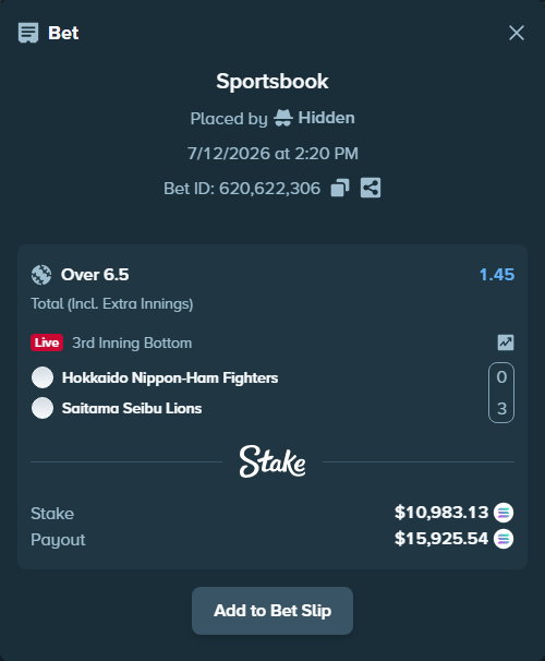 Bet slip: Hokkaido Nippon-Ham Fighters - Saitama Seibu Lions, $10,407.80 stake at 1.45 odds, placed by Hidden