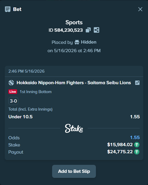 Bet slip: Hokkaido Nippon-Ham Fighters - Saitama Seibu Lions, $16,000.00 stake at 1.55 odds, placed by Hidden