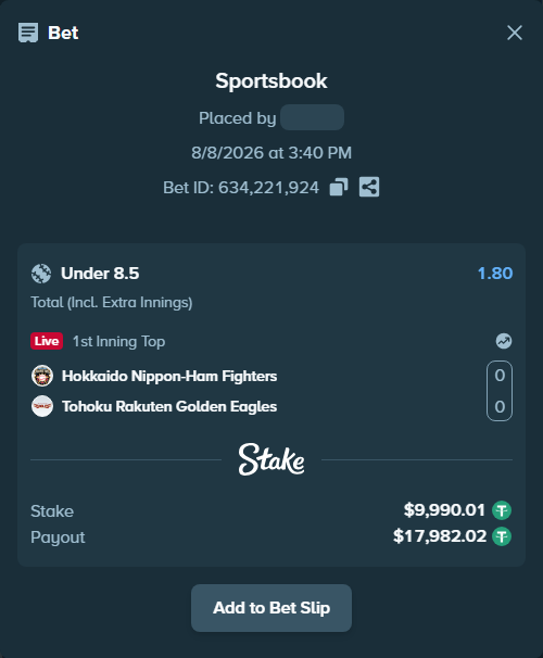 Bet slip: Hokkaido Nippon-Ham Fighters - Tohoku Rakuten Golden Eagles, $10,000.00 stake at 1.80 odds, placed by Rovangood