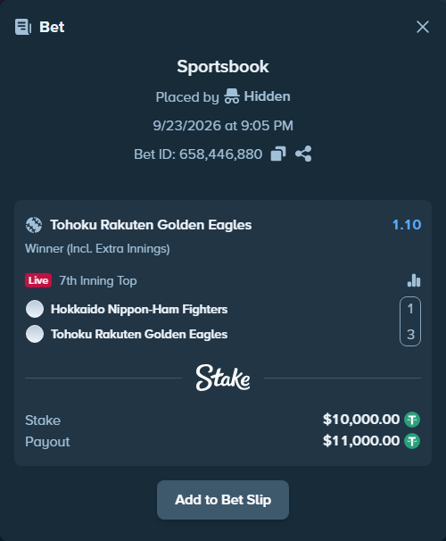 Bet slip: Hokkaido Nippon-Ham Fighters - Tohoku Rakuten Golden Eagles, $10,000.00 stake at 1.10 odds, placed by Hidden