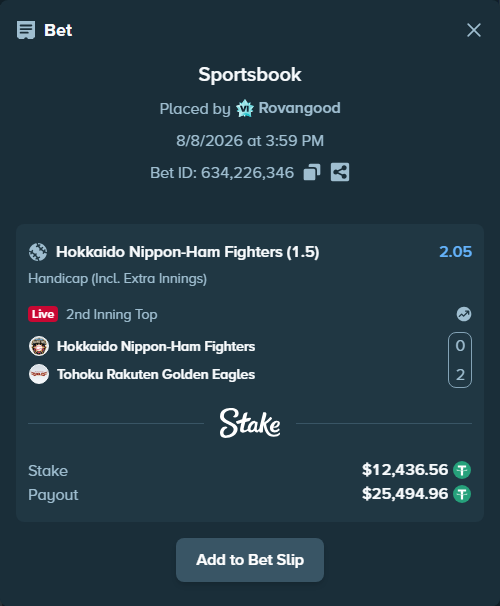 Bet slip: Hokkaido Nippon-Ham Fighters - Tohoku Rakuten Golden Eagles, $12,449.00 stake at 2.05 odds, placed by Rovangood