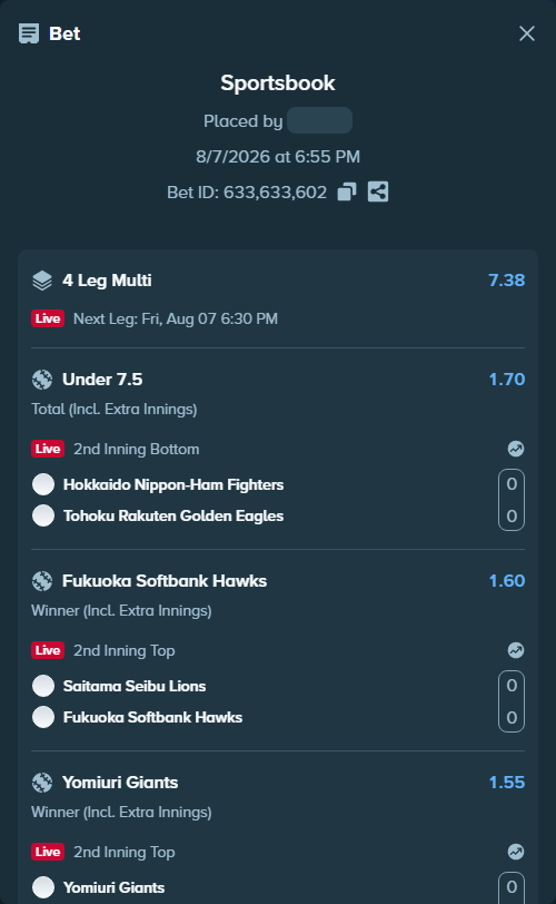 Bet slip: Hokkaido Nippon-Ham Fighters - Tohoku Rakuten Golden Eagles, $12,500.00 stake at 1.70 odds, placed by 김궁띄