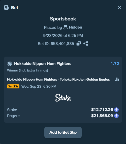 Bet slip: Hokkaido Nippon-Ham Fighters - Tohoku Rakuten Golden Eagles, $12,365.63 stake at 1.72 odds, placed by Hidden