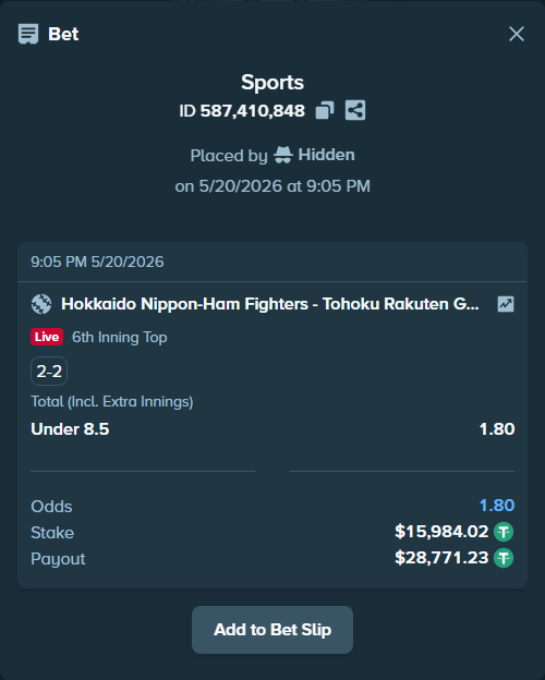 Bet slip: Hokkaido Nippon-Ham Fighters - Tohoku Rakuten Golden Eagles, $16,000.00 stake at 1.80 odds, placed by Hidden