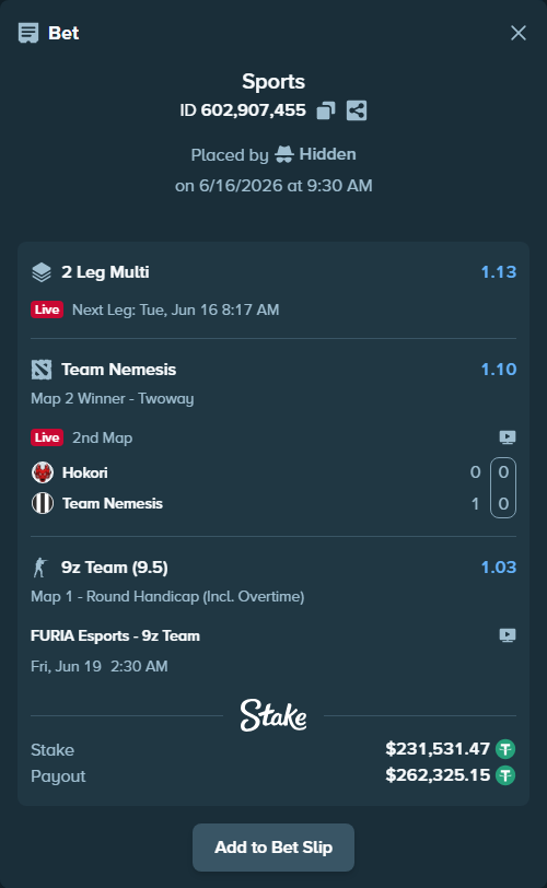 Bet slip: Hokori - Team Nemesis, $231,763.00 stake at 1.10 odds, placed by Hidden
