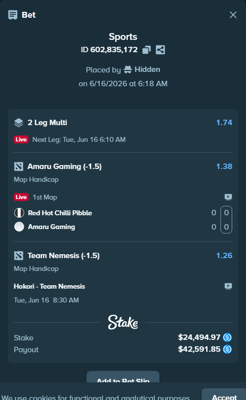 Bet slip: Hokori - Team Nemesis, $24,494.97 stake at 1.26 odds, placed by Hidden