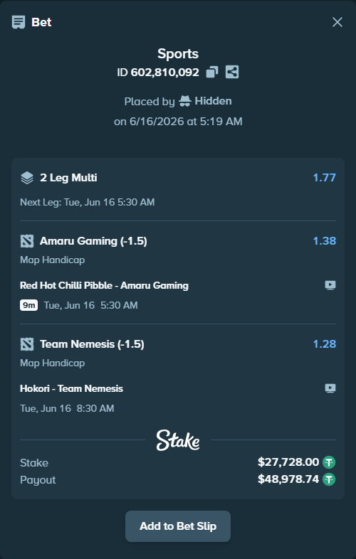 Bet slip: Hokori - Team Nemesis, $27,728.00 stake at 1.28 odds, placed by Hidden