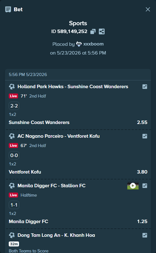 Bet slip: Holland Park Hawks - Sunshine Coast Wanderers, $20,505.18 stake at 2.55 odds, placed by xxxboom