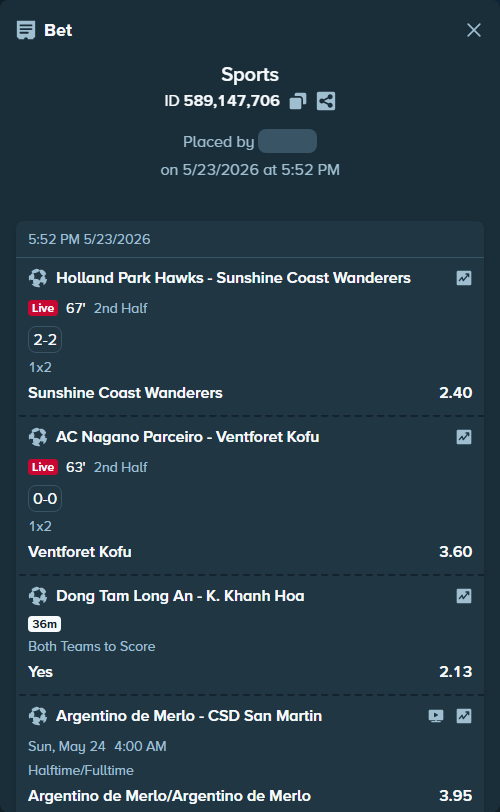Bet slip: Holland Park Hawks - Sunshine Coast Wanderers, $48,122.52 stake at 2.40 odds, placed by xxxboom