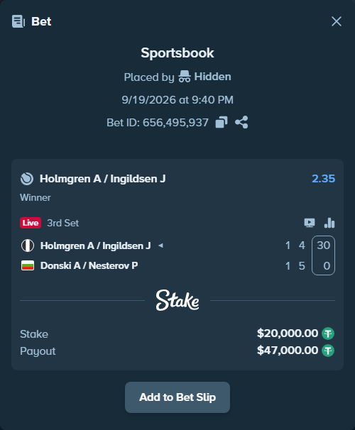 Bet slip: Holmgren A / Ingildsen J - Donski A / Nesterov P, $20,000.00 stake at 2.35 odds, placed by Hidden