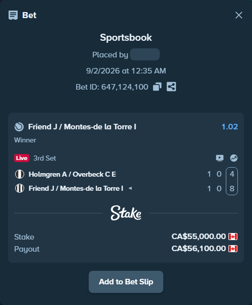 Bet slip: Holmgren A / Overbeck C E - Friend J / Montes-de la Torre I, $40,700.00 stake at 1.02 odds, placed by Zach0919