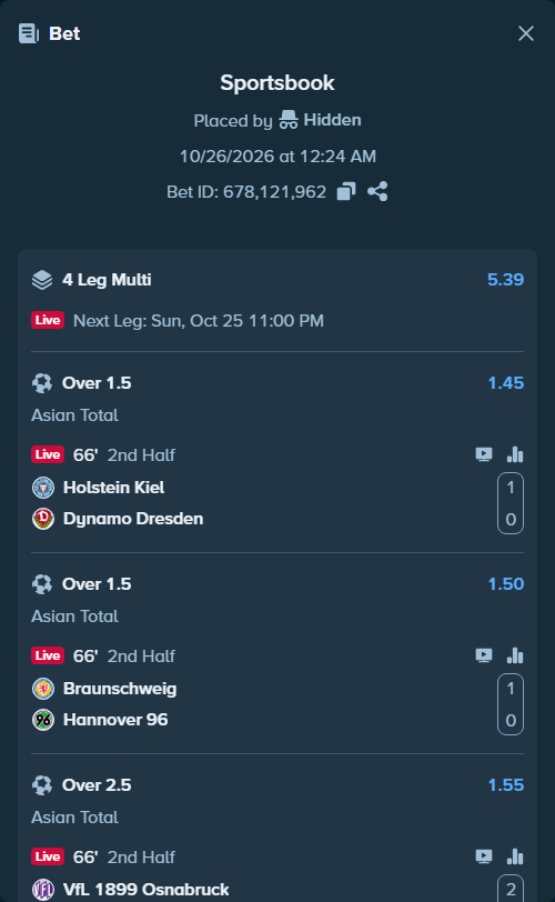 Bet slip: Holstein Kiel - Dynamo Dresden, $50,050.00 stake at 1.45 odds, placed by Hidden