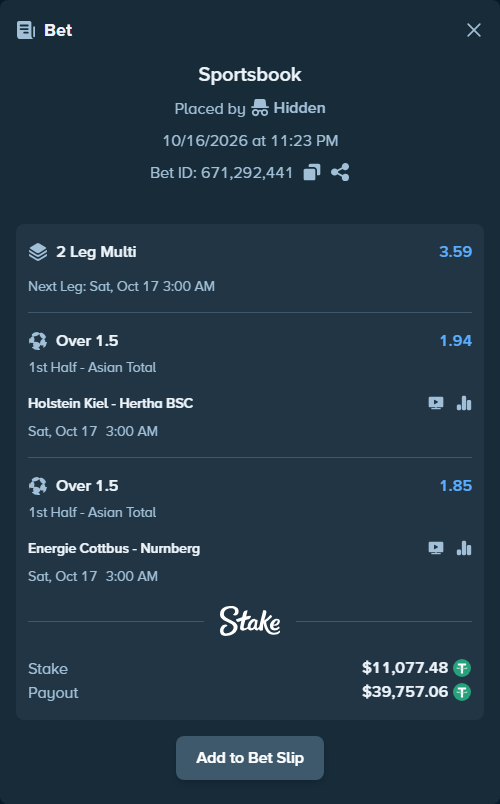 Bet slip: Holstein Kiel - Hertha BSC, $11,088.55 stake at 1.94 odds, placed by Hidden