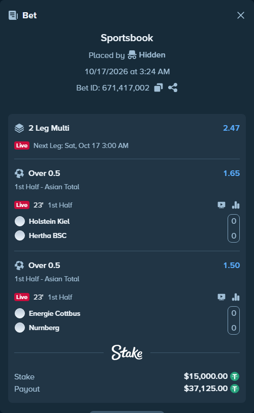 Bet slip: Holstein Kiel - Hertha BSC, $15,015.00 stake at 1.65 odds, placed by Hidden