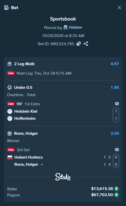 Bet slip: Holstein Kiel - Hoffenheim, $13,629.00 stake at 1.95 odds, placed by Hidden