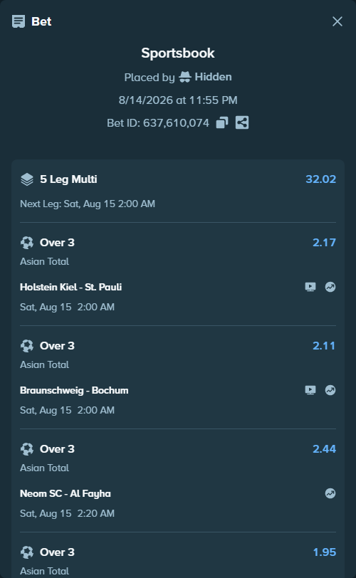 Bet slip: Holstein Kiel - St. Pauli, $110,983.16 stake at 2.17 odds, placed by Hidden