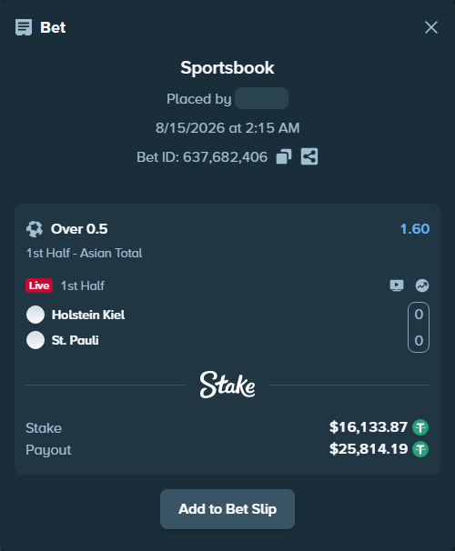 Bet slip: Holstein Kiel - St. Pauli, $16,150.00 stake at 1.60 odds, placed by tlwns4736