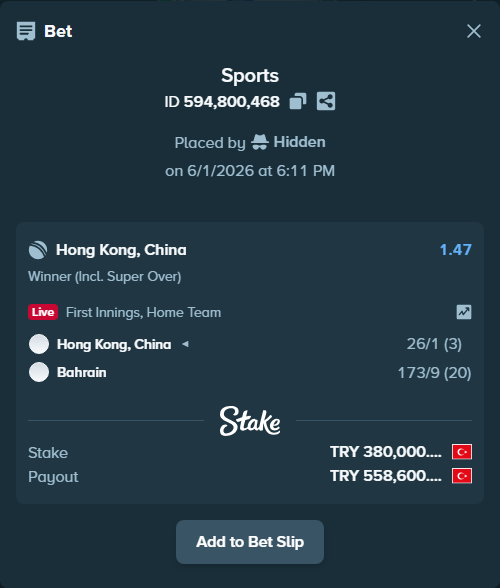 Bet slip: Hong Kong, China - Bahrain, $11,400.00 stake at 1.47 odds, placed by Hidden