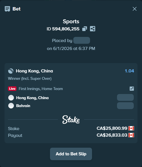 Bet slip: Hong Kong, China - Bahrain, $19,092.73 stake at 1.04 odds, placed by Chinujaatjind