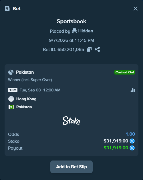 Bet slip: Hong Kong, China - Pakistan, $31,919.00 stake at 1.04 odds, placed by Hidden