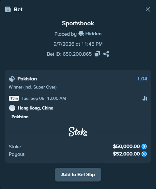 Bet slip: Hong Kong, China - Pakistan, $50,000.00 stake at 1.04 odds, placed by Hidden